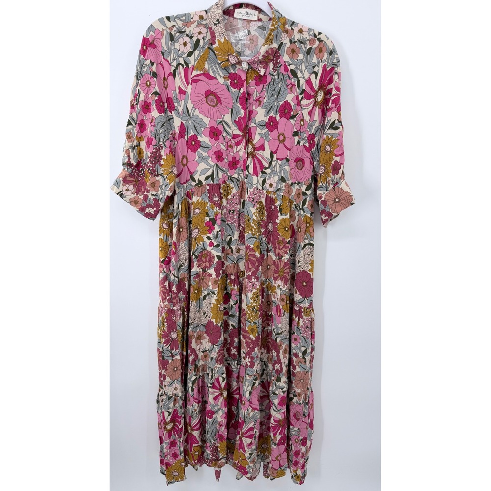 Natural Life Dress Women L Pink Floral Tiered Button Front Rayon Midi Maxi Boho